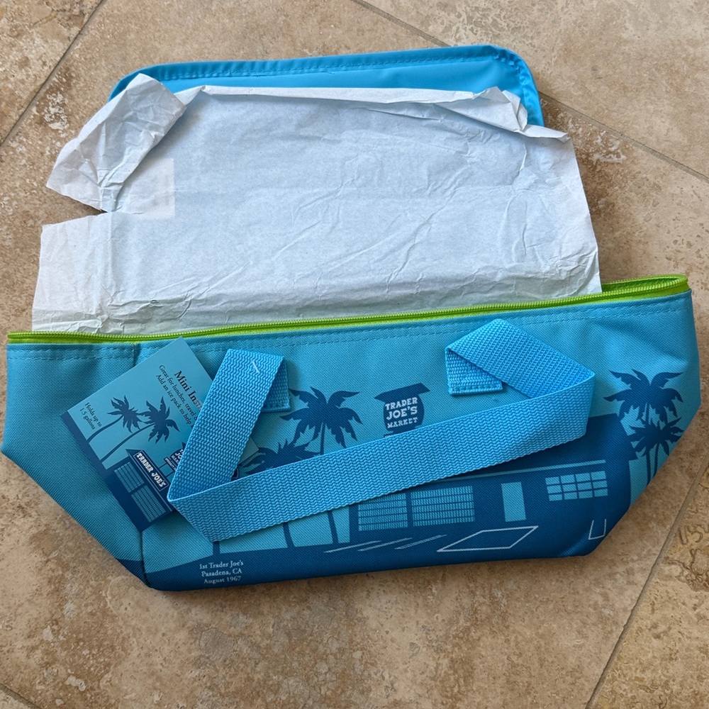NWT Trader Joe’s Mini Insulated Cooler Lunch tote in light blue w/ lime accents